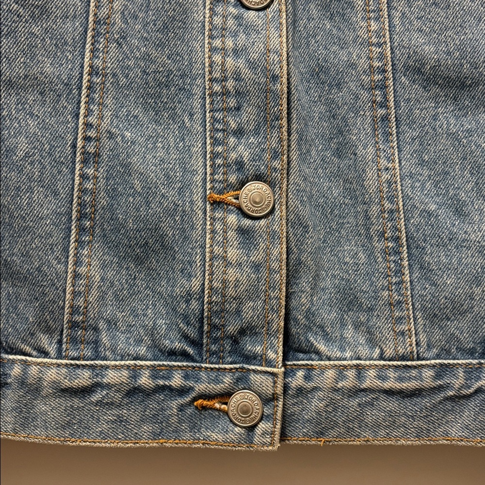 Upcycled Denim Jacket Handmade with Colorful Knit Collar And Back size M. - Picture 6 of 9